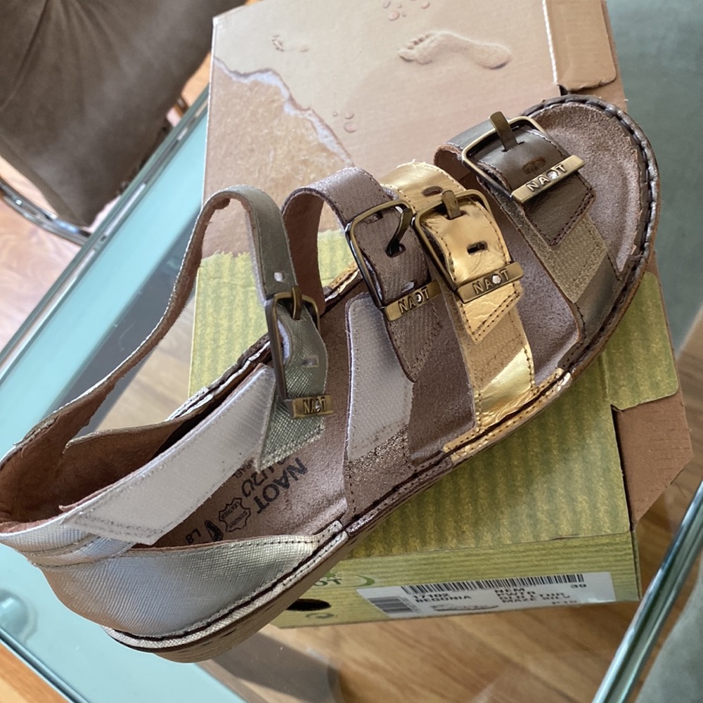 Naot Begonia sandal in tri- color..silver, gold & pewter